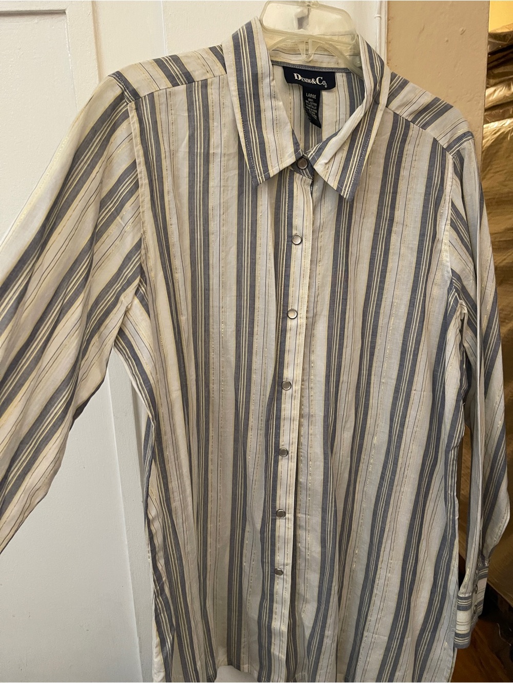 Denim&Co Long-Sleeve Striped Button-Down Shirt - Cream & Blue  NWOT